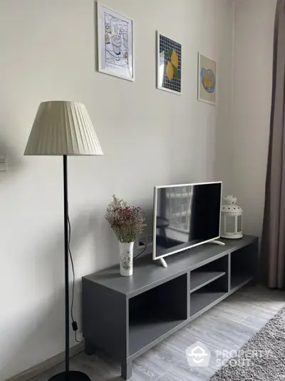 Modern living room with stylish decor and flat-screen TV on sleek console