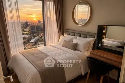 Luxurious bedroom with stunning city view at sunset, featuring elegant decor and cozy ambiance.