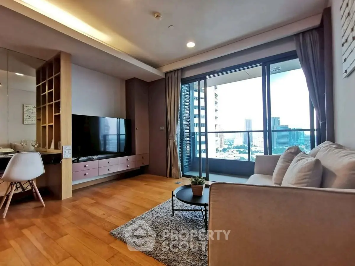 Modern living room with city view and stylish decor