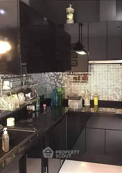 Modern kitchen with sleek black cabinets and mosaic backsplash