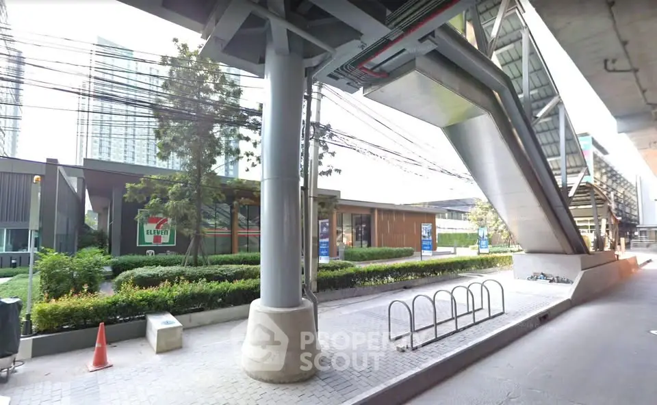 Modern urban landscape with convenient store and public transportation access