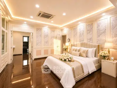 Luxurious bedroom with elegant decor and polished wooden floors