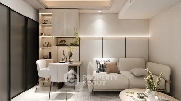 Modern living room with elegant decor and cozy seating area, perfect for relaxation and entertainment.