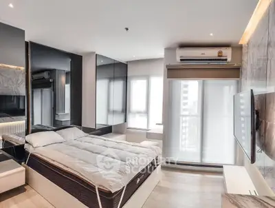 Modern bedroom with sleek design, large windows, and air conditioning unit.