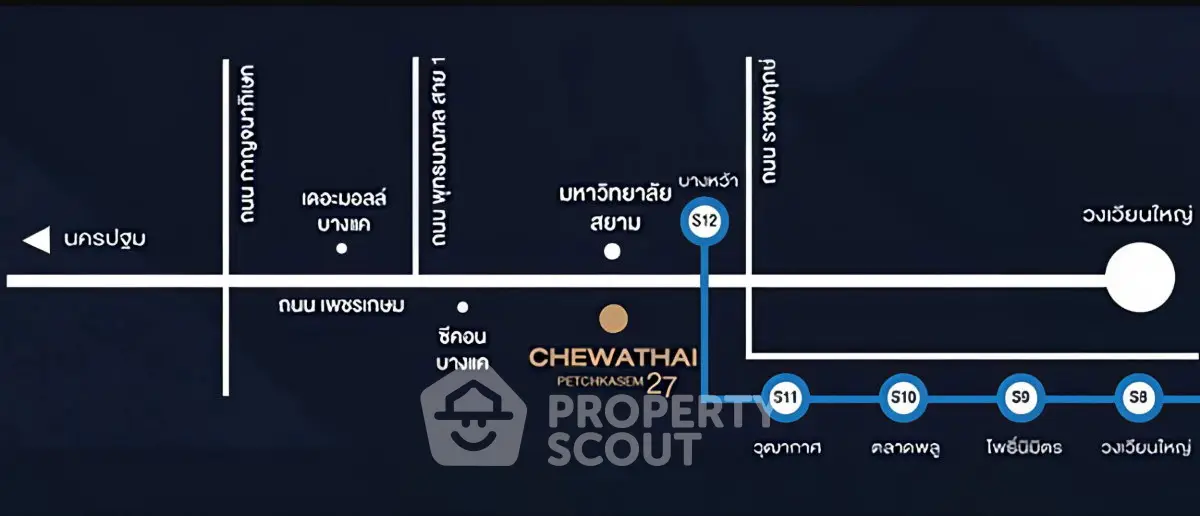 Map showing Chewathai Phetkasem 27 location near Bangkok metro stations.
