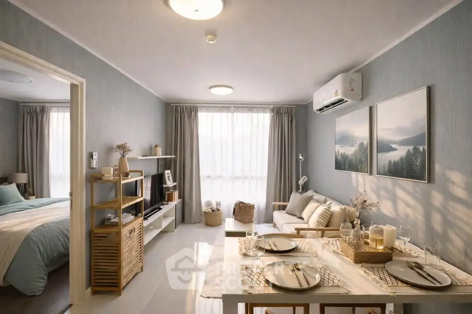 Modern living room with dining area and bedroom view, featuring elegant decor and natural light.