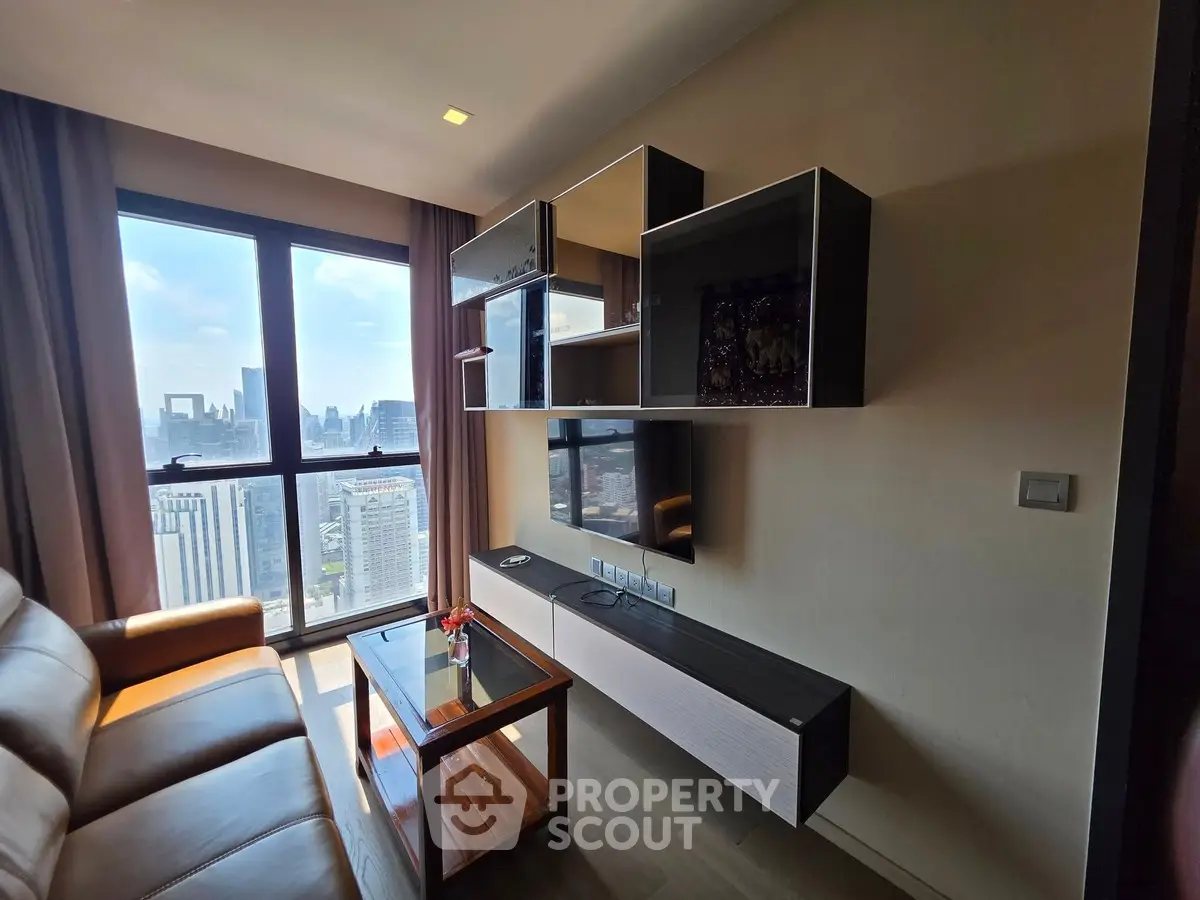 Modern living room with stunning city view and stylish wall-mounted shelves.