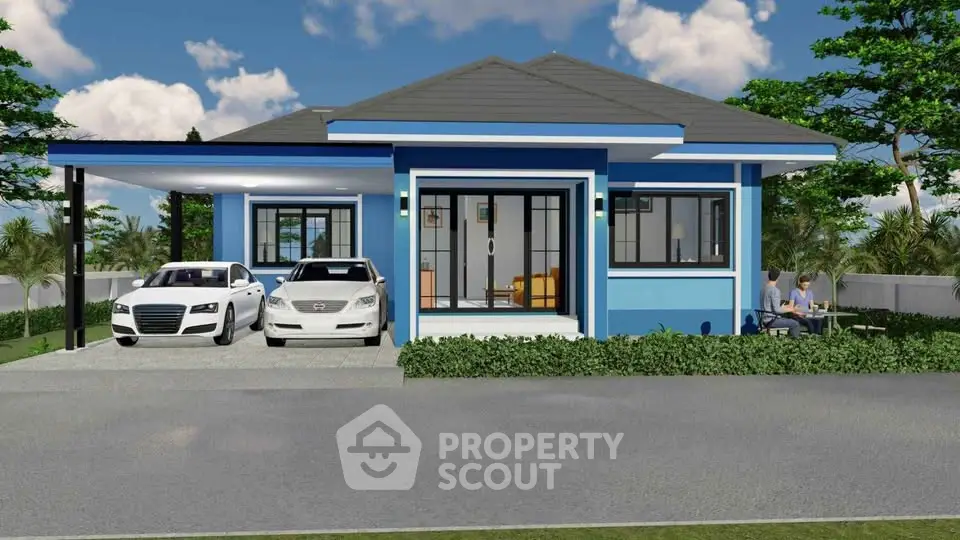 Modern blue single-story house with two cars in driveway and lush greenery.