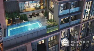 Luxurious high-rise condo with illuminated pool and garden area, offering a serene urban oasis with modern architecture and premium amenities.