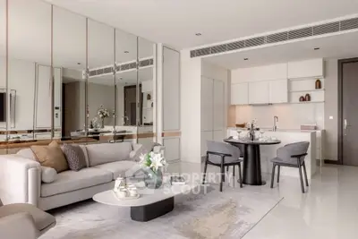 Luxurious modern living room with elegant decor and open kitchen layout, perfect for sophisticated urban living.