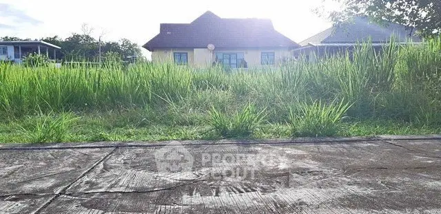 Spacious plot with lush greenery and a charming house in the background, ideal for development.