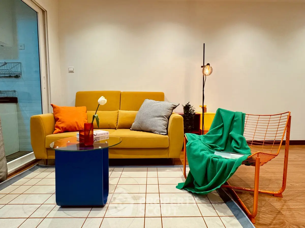 Stylish living room with vibrant yellow sofa and modern decor