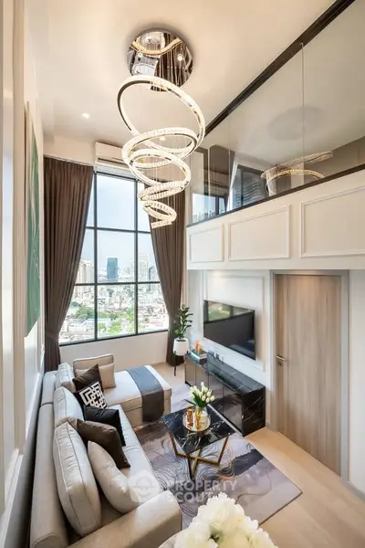 Luxurious modern living room with high ceilings and stunning city view, featuring elegant decor and stylish lighting.