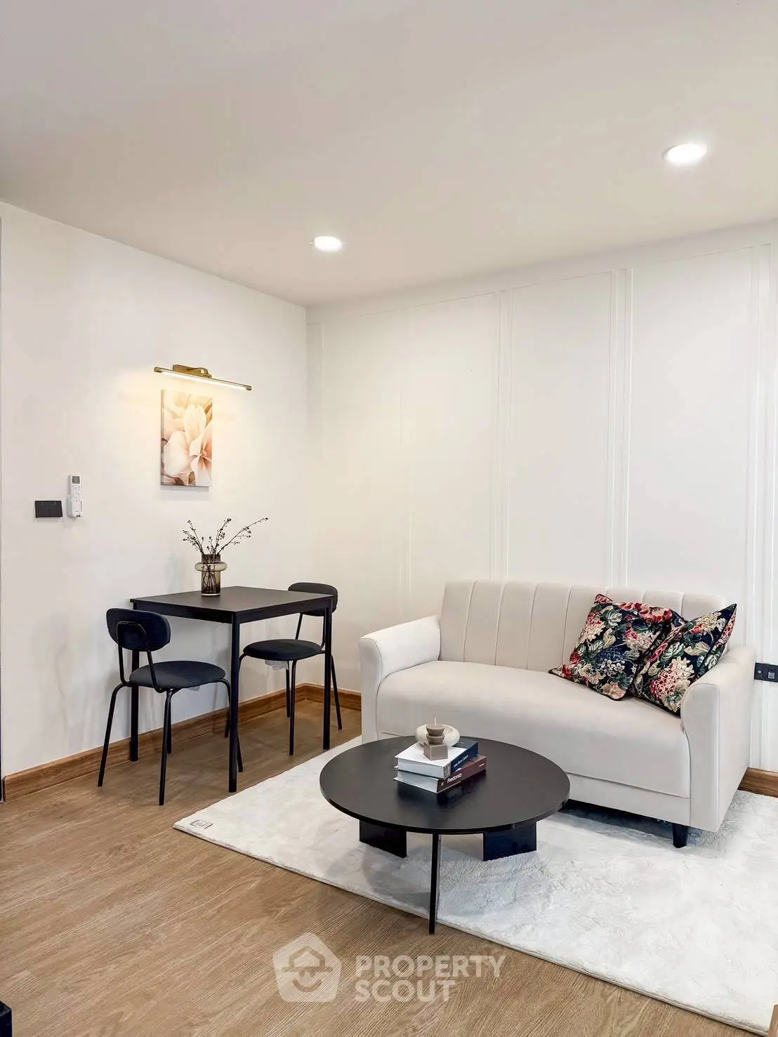 Modern living room with stylish decor and cozy seating area