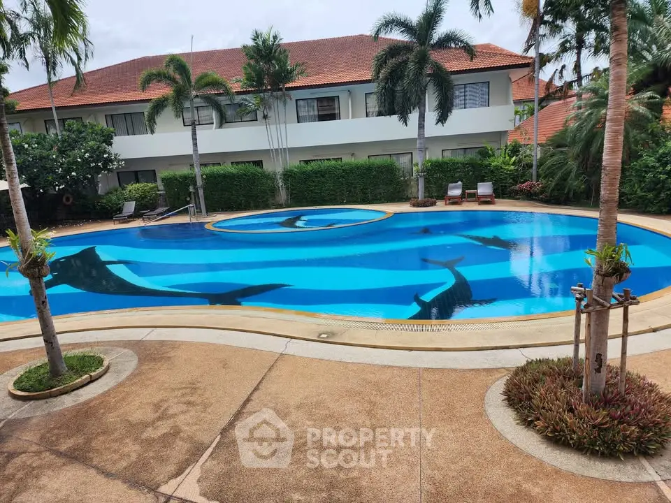 Stunning pool area with artistic whale design in a tropical residential complex.