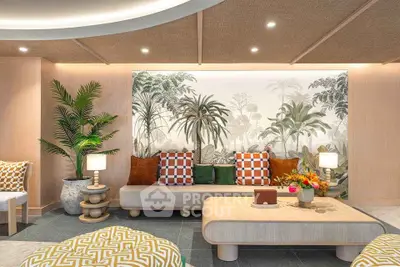 Luxurious living room with tropical decor and stylish furniture, perfect for relaxation and entertaining.
