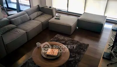 Modern living room with stylish gray sectional sofa and wooden coffee table.