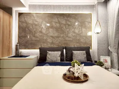 Luxurious modern bedroom with elegant decor and ambient lighting