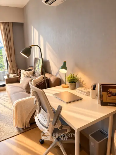 Modern living room with cozy sofa, study desk, and natural light
