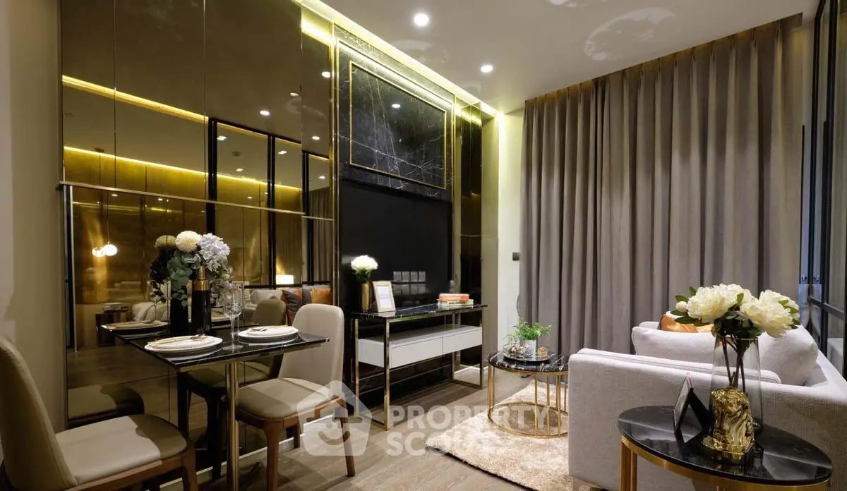 Luxurious modern living room with elegant decor and ambient lighting