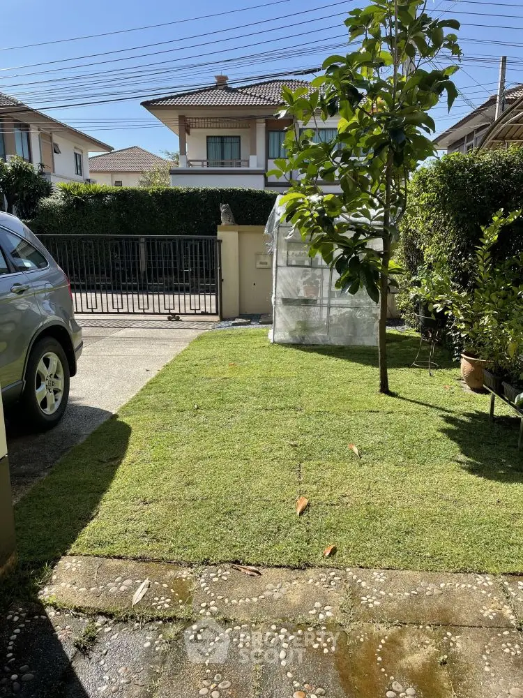 Charming suburban garden with lush lawn and driveway, perfect for family living.