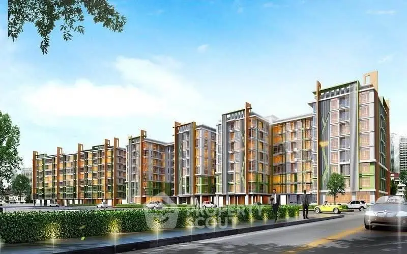 Modern apartment complex with contemporary design and lush landscaping.