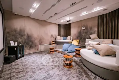 Luxurious modern living room with unique seating and ambient lighting