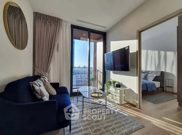 Modern living room with balcony view and stylish decor