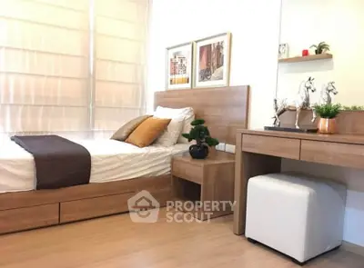 Cozy bedroom with modern wooden furniture and stylish decor