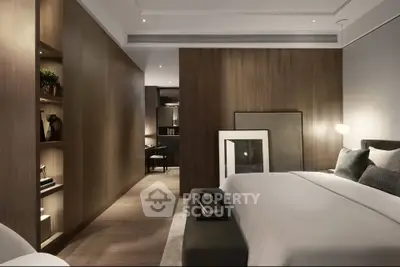 Luxurious modern bedroom with elegant wooden paneling and ambient lighting