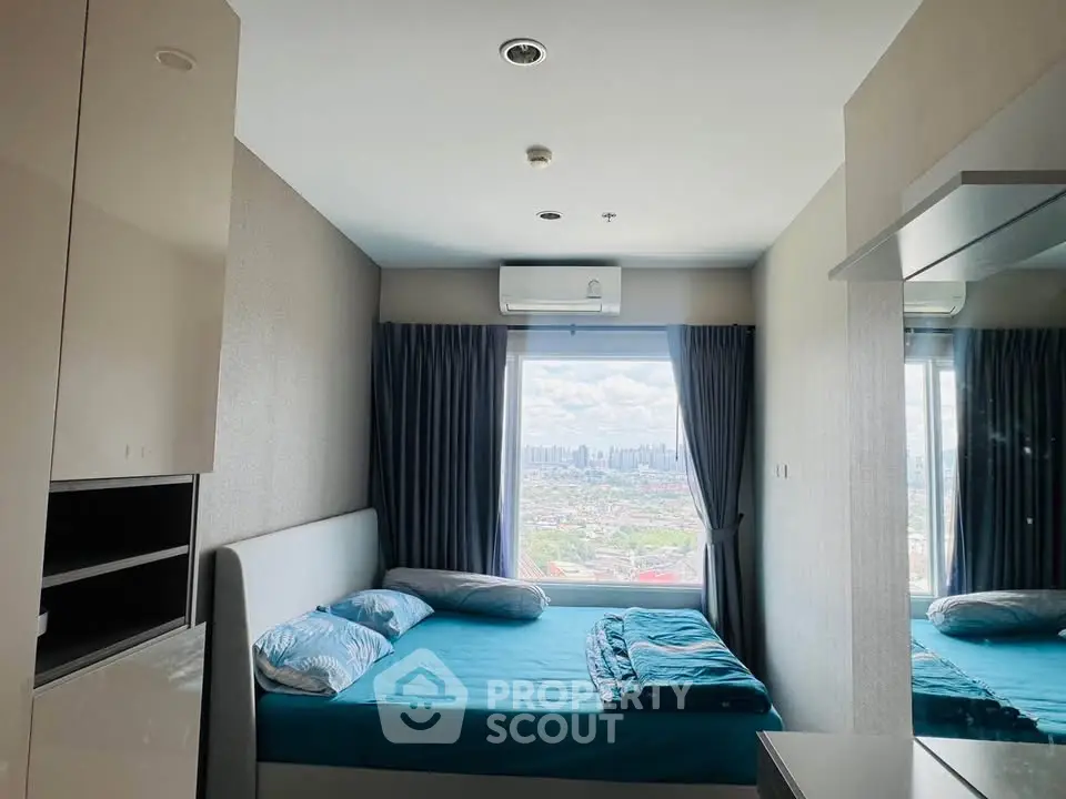 Modern bedroom with city view and stylish decor