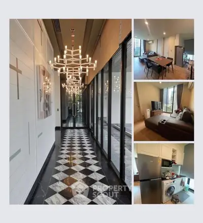 Luxurious apartment interior with modern lighting, spacious living area, and sleek kitchen appliances.
