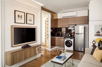Modern living room with integrated kitchen, featuring sleek appliances and stylish decor.