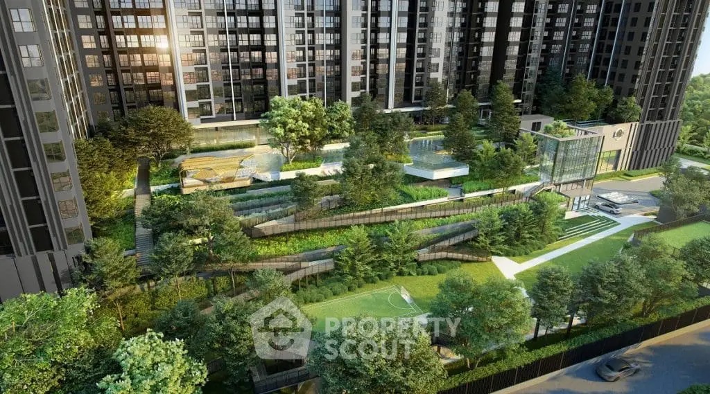 Luxurious modern apartment complex with lush landscaped gardens and outdoor amenities.