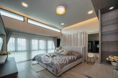 Luxurious modern bedroom with large windows and elegant decor