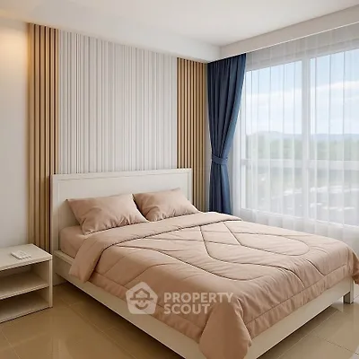 Modern bedroom with large window and stylish decor