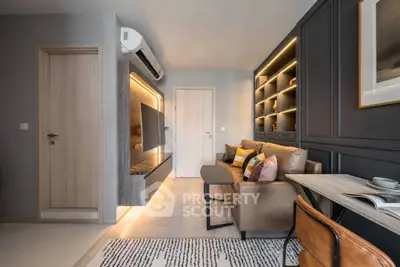 Modern living room with stylish lighting and cozy seating area