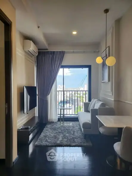 Modern living room with balcony view and stylish decor