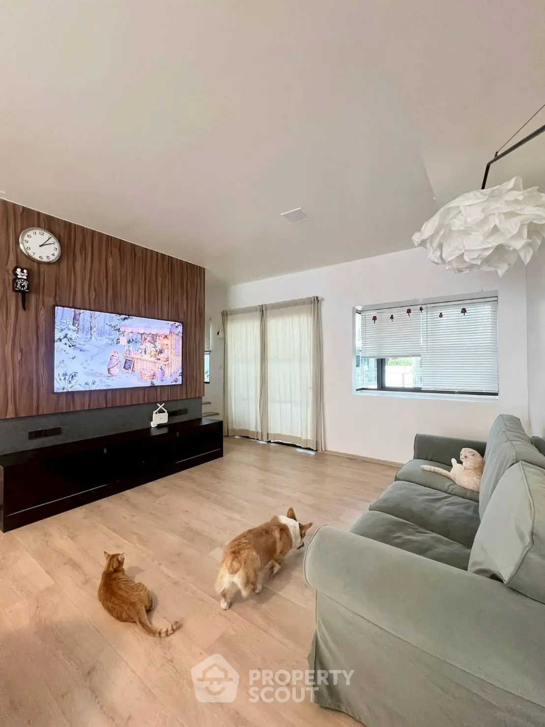 Spacious living room with modern decor and wooden flooring, featuring a cozy sofa and entertainment setup.