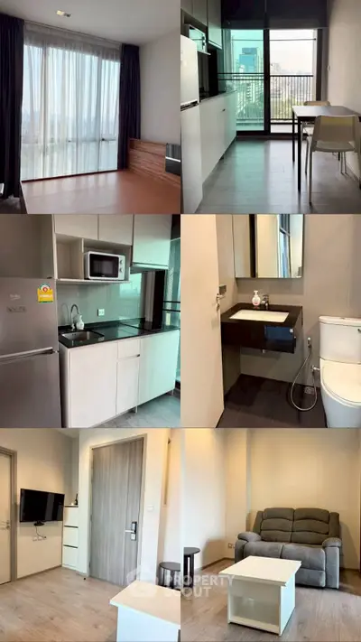 Modern apartment interior with open kitchen, cozy living room, and balcony view.