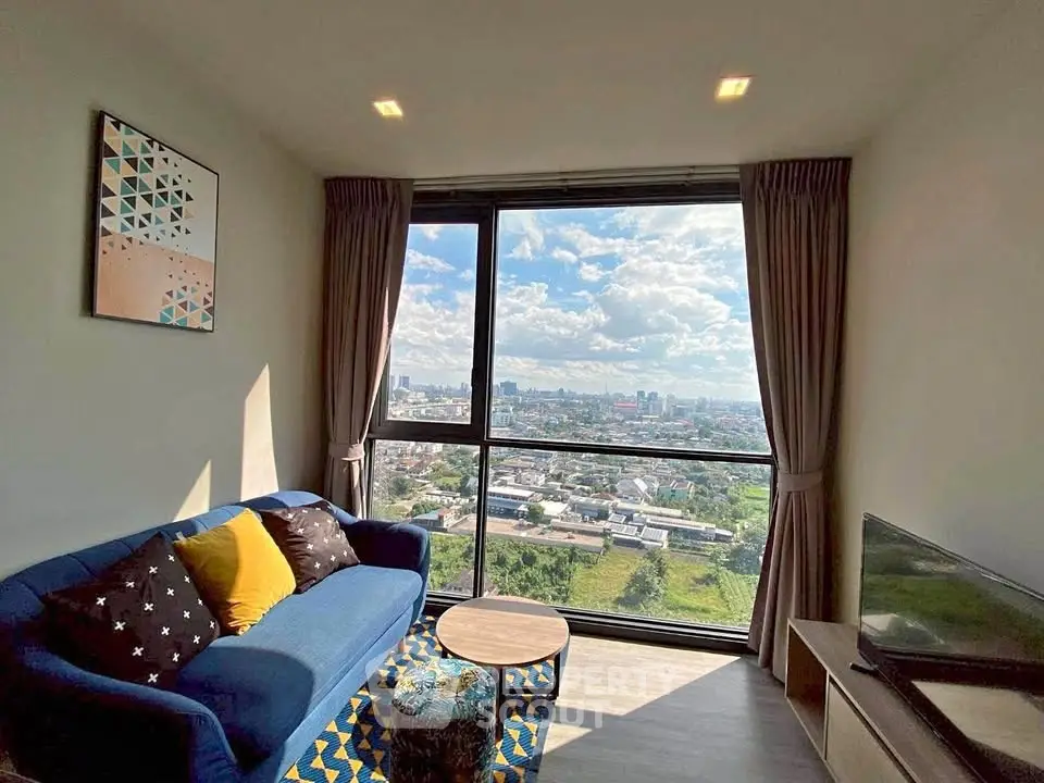 Stunning living room with panoramic city view and modern decor