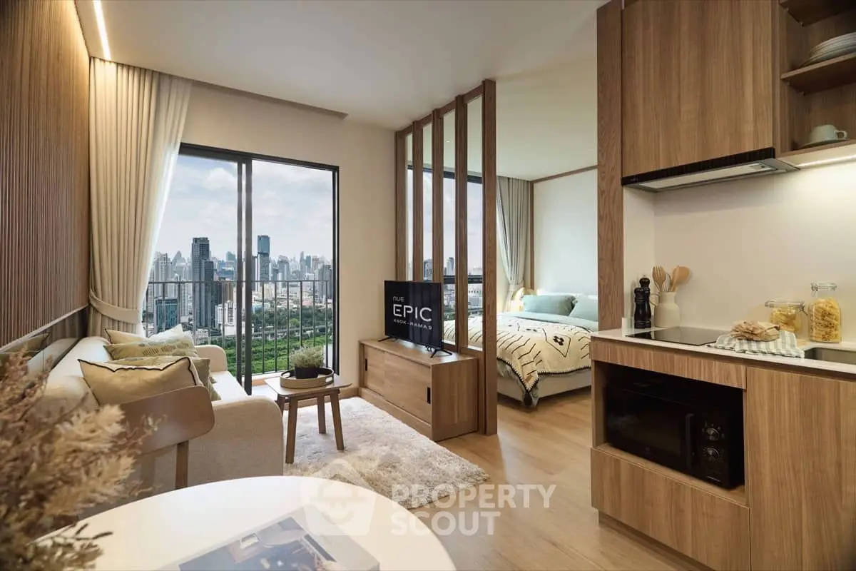 Modern open-plan living room with city view, cozy bedroom, and stylish kitchen in a high-rise apartment.