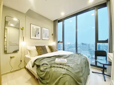 Luxurious bedroom with stunning city view and modern decor