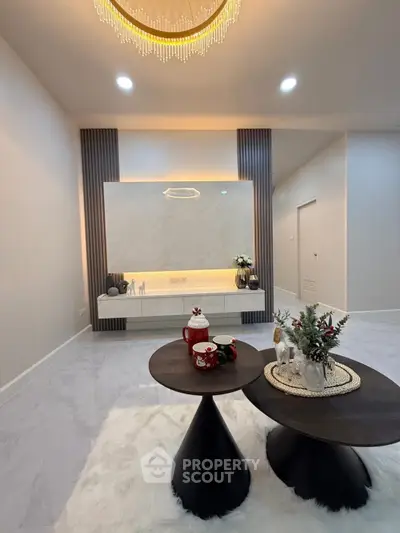 Elegant living room with modern decor and stylish coffee tables