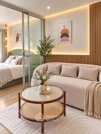 Stylish modern living room with cozy sofa, glass partition, and elegant decor in a contemporary apartment.