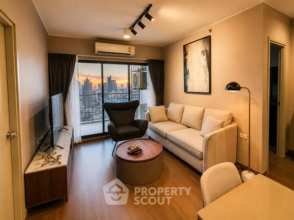 Modern living room with stunning city view, cozy seating, and elegant decor in a high-rise apartment.