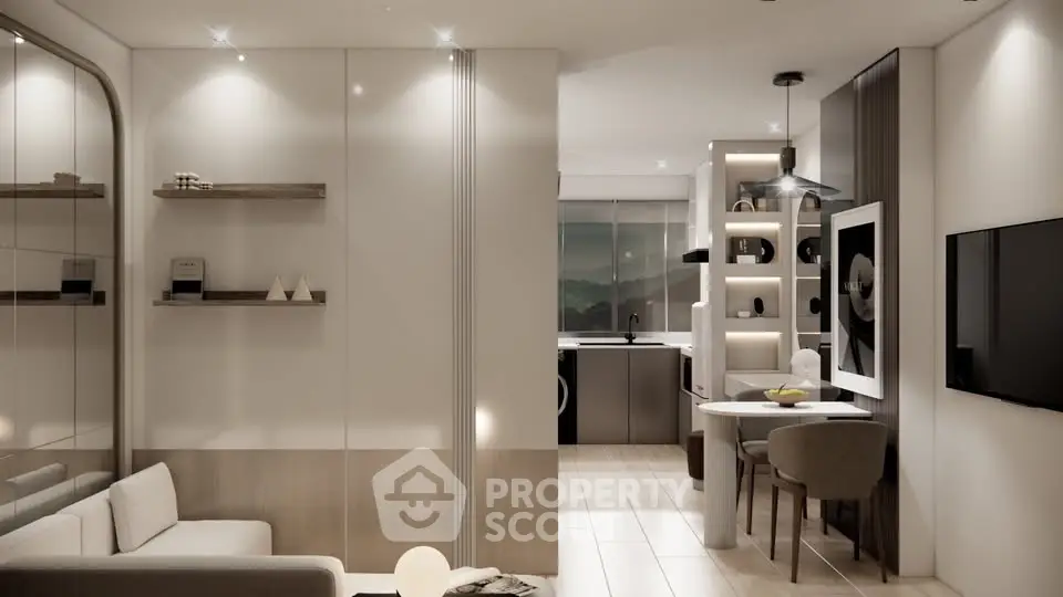 Modern open-plan living room and kitchen with sleek design and ambient lighting.
