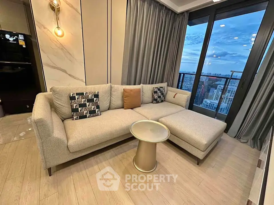 Modern living room with stylish sofa and city view balcony