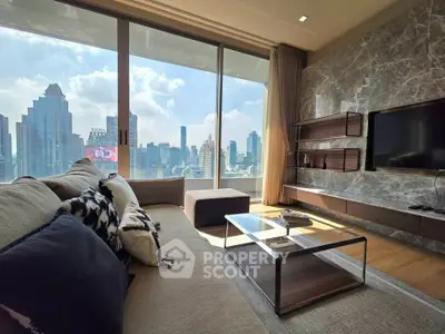Luxurious living room with stunning city view, modern decor, and floor-to-ceiling windows in high-rise apartment.