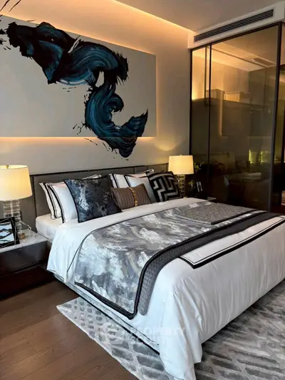 Luxurious modern bedroom with stylish decor and ambient lighting